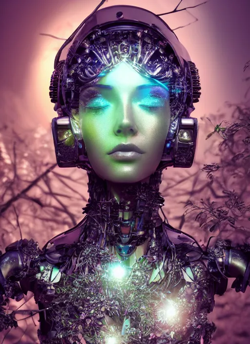 Image similar to beautiful female robot covered by plants and crystals in the mystical forest, beautiful symmetrical face, full body, immersed in the tree, chrome parts, opal crystals, renaissance style, cyber punk, sci - fi, baroque, cinematic light, mystical shadows, 8 k, octane render