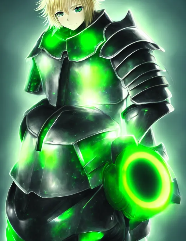 Prompt: an anime portrait of a blonde man with glowing green eyes in green plate armour glowing with green energy, trending on artstation, digital art, 4 k resolution, detailed, high quality, sharp focus, hq artwork, coherent, insane detail