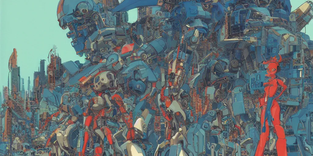 Prompt: risograph, gigantic mecha faces, no artifacts, tiny rats, a lot of exotic animals around, big human faces everywhere, by satoshi kon and moebius, matte blue colors, surreal design, crispy, super - detailed, a lot of tiny details, no blur, 4 k, fullshot