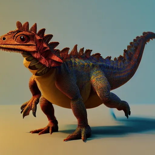 Prompt: a frilled feathery lizard dinosaur cute pet, digital art, high quality, fan art, pixar render, octane render, cute, cute, 3 d render, colourful, vibrant