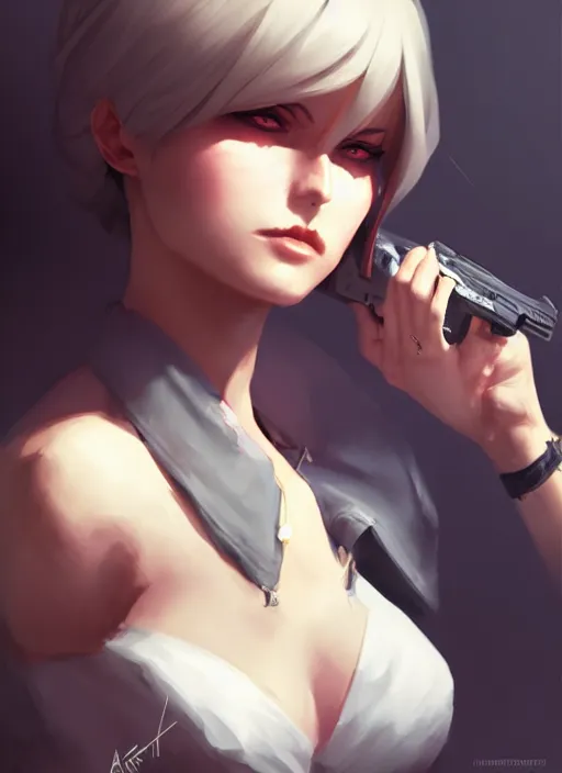 Image similar to female mafia boss, wide angle view, highly detailed, artgerm, cushart krenz, trending on artstation, soft light, sharp focus, illustration, character design, concept art