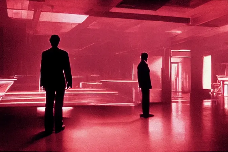 Image similar to back of a man facing a dark conference hall, people cheering at the atmospheric and obscure, red neon light, by roger deakins, cinematography, syd mead