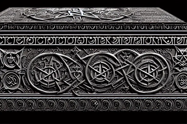 Image similar to an ancient ornate intricate old spell satanic coffin with the sigil symbol of evil emblazoned on the cover, cinematic, realistic, intricate detail, finely detailed, small details, extra detail, photorealistic, high resolution, 3 d, pbr, path tracing, volumetric lighting, octane render, arnold render, 8 k