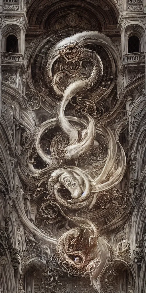 Image similar to enormous Ouroboros floating around inside an ancient mage castle hall colossal scale, gothic and baroque, brutalist architecture, ultradetailed, intricate details by Ellen Jewett and Ayami Kojima