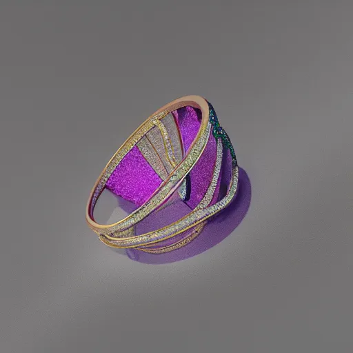 Image similar to mystical gold and diamond thin curly female ring with fine purple and green details, ultra detailed, centered, octane render, elegant, caustics