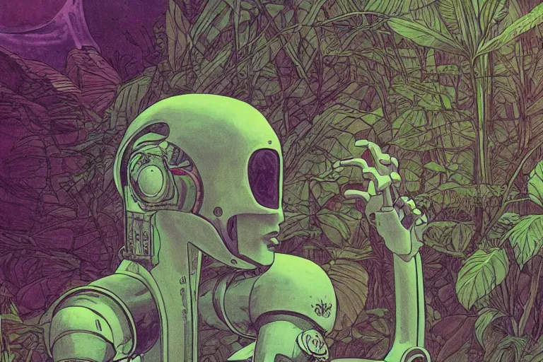 Image similar to gigantic robot - girl head floating in the space, a lot of exotic plants, trees, flowers, oldschool vintage sci - fi flat surreal grainy design, super - detailed, drawing by moebius, hd, 4 k, high quality