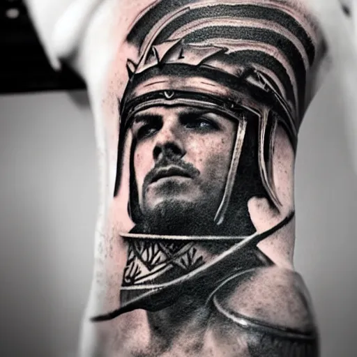 Image similar to A male gladiator wearing a thracian helmet action shot, tattoo, tattoo art, Black and grey tattoo style