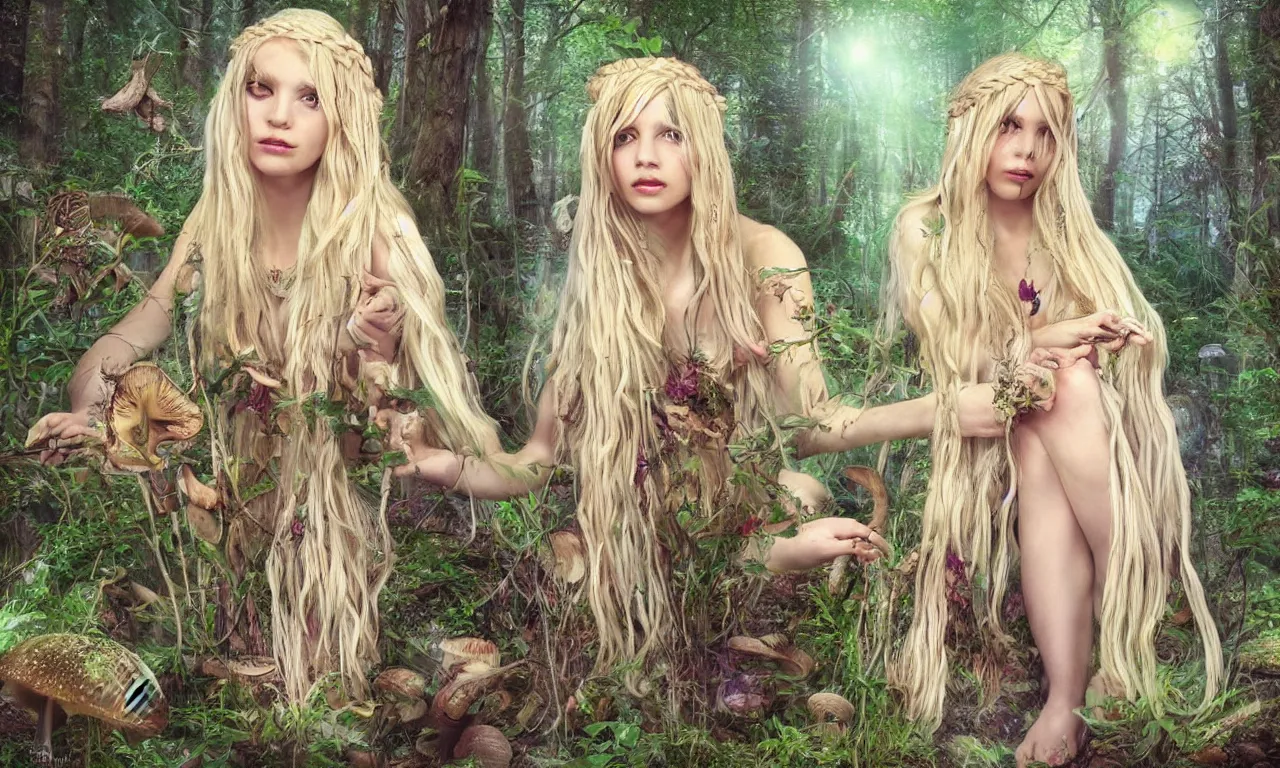Prompt: beautiful blonde woman with plaits, forest fae, psychedelic mushrooms, magic, mystical, white witch, photorealistic