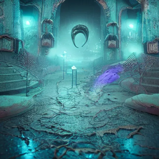 Prompt: a lovecraftian ruined world with ultra realist cosmic waves curiosities carnival, symmetry accurate features, focus, very intricate ultrafine details, aqua volumetric lights, award winning masterpiece, octane render 8 k hd