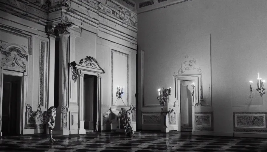Prompt: movie still by of caligula poniard to death by senators in a dark blood flaque in a neoclassical room, cinestill 8 0 0 t 3 5 mm b & w, high quality, heavy grain, high detail, dramatic light, ultra wide lens, anamorphic