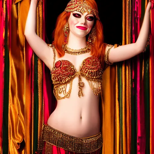 Image similar to a portrait of emma stone dressed as a belly dancer, arabian night, high quality, fully detailed, 4 k, in focus face with fine details, realistic hand details and anatomy, inspired by belly dancer shakira