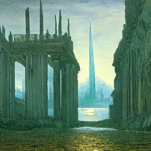 Image similar to Stunning and highly detailed painting of a submerged city by Caspar David Friedrich