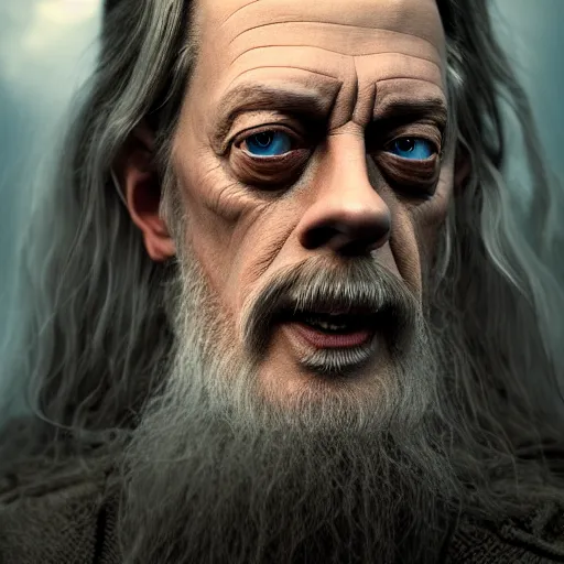 Image similar to portrait of Steve buscemi as Gandalf. intricate artwork. octane render, trending on artstation, very coherent symmetrical artwork. Peter Jackson, lord of the rings, return of the king. cinematic, high detail, photography, 8k, iridescent accents