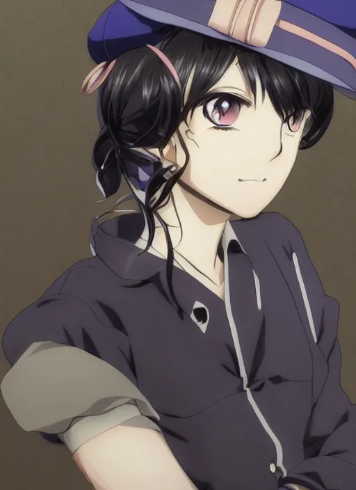 Image similar to key anime visual of a beautiful girl wearing a beige beret and blue shirt; long black hair; anime; drawn by Shigenori Soejima; 3 tone colors