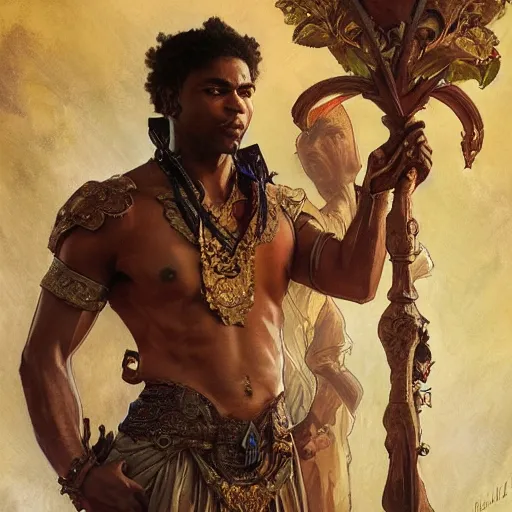 Image similar to brown-skinned male priest, fantasy, powerful, elegant, intricate, beautiful lighting, by Stanley Artgerm Lau, greg rutkowski, thomas kindkade, alphonse mucha, loish, norman Rockwell