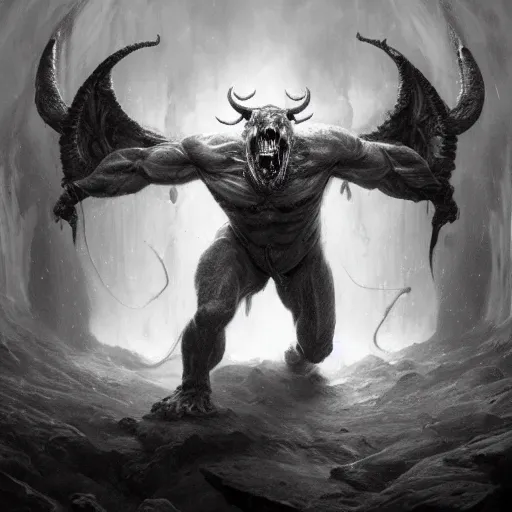 Image similar to full body, grayscale, Gustave Dore, greg rutkowski, muscled humanoid balrog demon, horns, claws, large horned tail, heroic pose, swirling flames