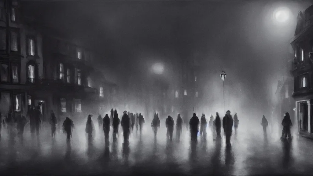 Image similar to a large black sphere with glowing edges over a crowd of people on street of the old town with houses in the windows of which the light is on. early morning, fog on ground, wet street. mike barr painting. volumetric light, dull colors, dark, noir arthouse, 3 5 mm, hight detalied, hd, 4 k