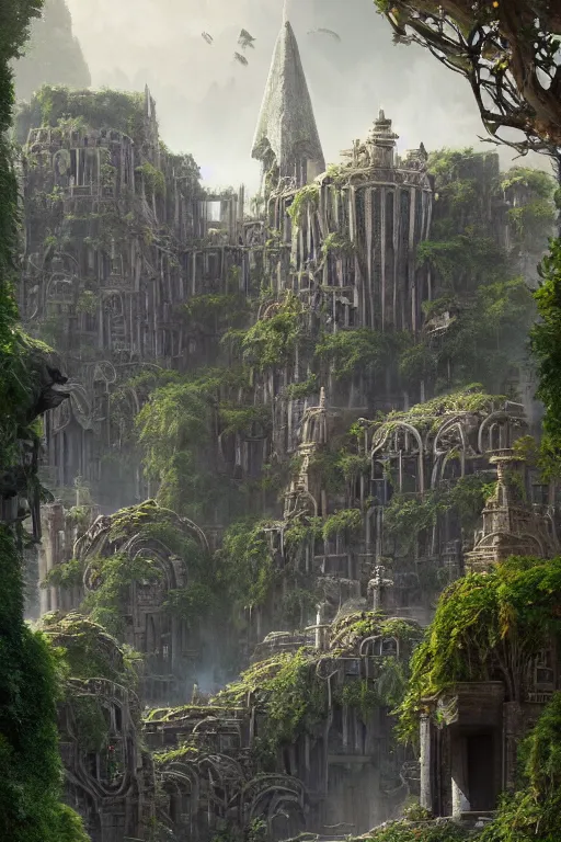 Prompt: cinematic fantasy landscape, brutalist Aztec architecture, manicured gardens and topiary by Jessica Rossier and HR Giger