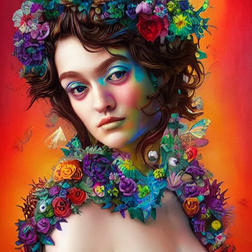 Prompt: Lofi biopunk portrait beautiful woman with short brown curly hair, roman face, unicorn, rainbow, floral, Tristan Eaton, Stanley Artgerm, Tom Bagshaw