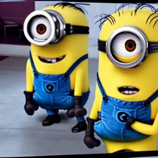 Prompt: minions rob a bank, security camera footage