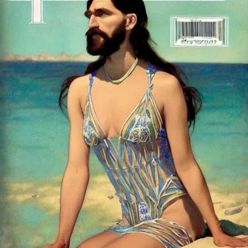 Image similar to A photo of a gorgeous Grigori Rasputin on the cover of Swimsuit Illustrated 1960 in the aesthetic of mert and marcus, masterpiece, intricate, elegant wardrobe, highly detailed, digital painting, artstation, concept art, smooth, sharp focus, illustration, art by artgerm and james jean and greg rutkowski and alphonse mucha