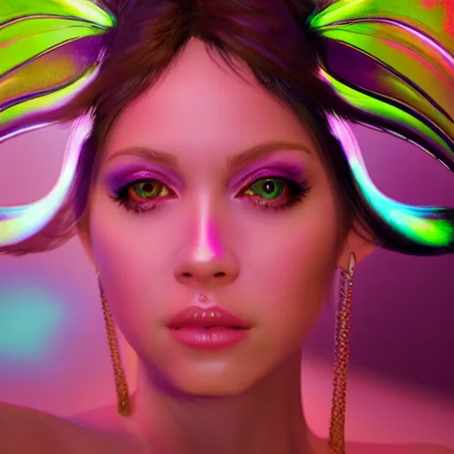 Image similar to neon fluorescent, iridescent young ornella muti with fairy wings cyperpunk 2 0 7 7, unreal engine 5, 8 k ultra realistic, hyperdetailed, volumetric lighting, extremely high quality