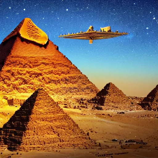 Prompt: giant intergalactic ship attacks the Pyramids of Giza