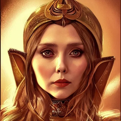 Image similar to Elizabeth Olsen as a elf archer, cute, fantasy, intricate, elegant, highly detailed, centered, digital painting, artstation, concept art, smooth, sharp focus, illustration, art by artgerm and H R Giger and alphonse mucha