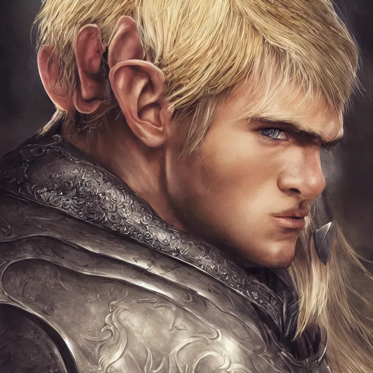 Image similar to elvish blonde male warrior, lord of the rings style, realistic, full body, fantasy, elvish, sharp focus, 8 k high definition, character portrait, portrait, close up, concept art, insanely detailed, intricate, elegant
