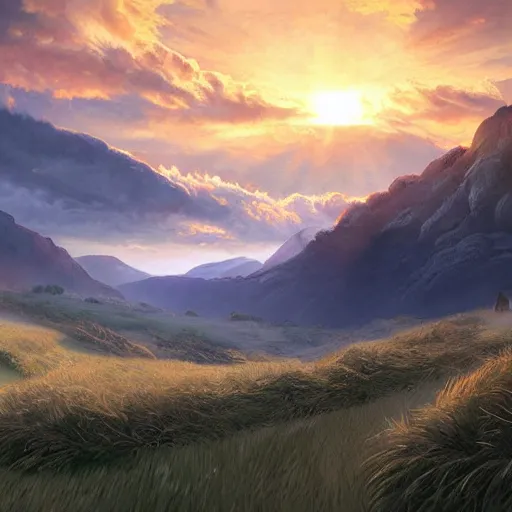 Prompt: a cinematic landscape view looking at an open field, mountains in the distance, the sun shines through the parted clouds, digital painting, fantasy, art by alexandre mahboubi and christophe oliver