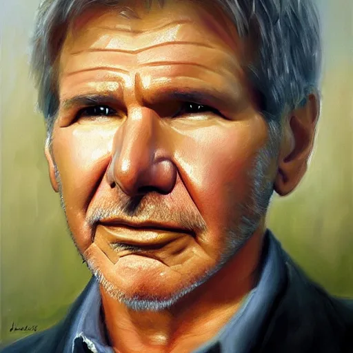 Image similar to stunning serene portrait of Harrison Ford by Mark Arian, oil on canvas, masterpiece, realism, piercing gaze, autumn bokeh