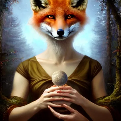 Image similar to an anthromorphic fox as a magic fortune teller holding an orb in an enchanted forest, photorealistic, fantasy art, digital art, by tom bagshaw