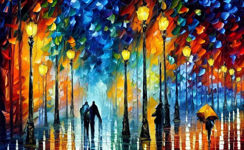 Image similar to walking downtown at night by leonid afremov, oil painting on canvas, intricate details!!!, fine brush!!!!!!
