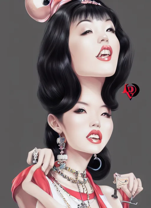 Image similar to a pin up and beautiful fashion dreamlke japan girl with lv jewelry, character art, art by artgerm, wlop, loish, hyperdetailed, 8 k realistic, symmetrical, global illumination, radiant light, frostbite 3 engine, cryengine, dof, trending on artstation, digital art, chanel, dior, detailed background