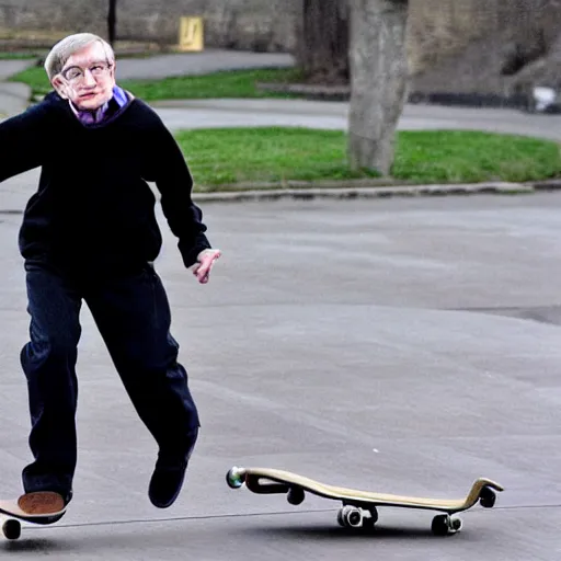 Prompt: Stephen Hawking skateboarding in a hoodie.