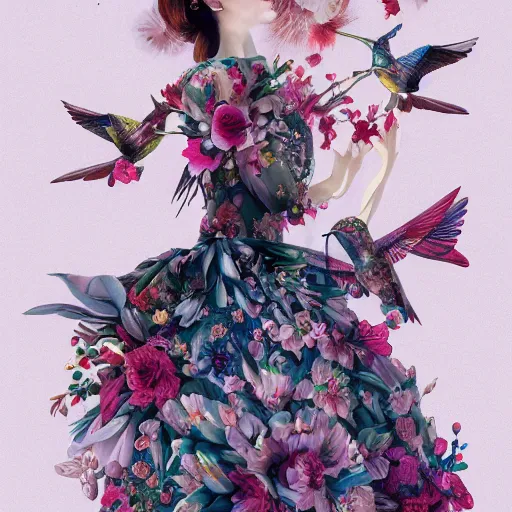 Image similar to 3 / 4 view of a beautiful girl wearing an origami dress, eye - level medium shot, fine floral ornaments in cloth and hair, hummingbirds, elegant, by eiko ishioka, givenchy, by peter mohrbacher, centered, fresh colors, origami, fashion, detailed illustration, vogue, japanese, reallusion character creator