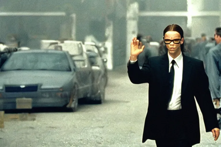 Image similar to a film still of bill gates as agent smith from the movie the matrix ( 1 9 9 9 )