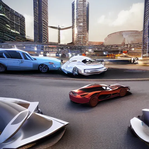 Image similar to parking several cars: center composition, cars portraits, ground view, motherboard forms designed by zaha hadid, sci-fi futuristic ultra realistic photography, keyshot render, octane render, unreal engine 5 lumen, high oiled liquid glossy specularity reflections, ultra detailed, golden hour, dramatic lighting 4k, 8k, 16k in the style ofblade runner 2049 Cyberpunk 2077 ghost in the shell thor 2 marvel film : tilt shift: sharp focus