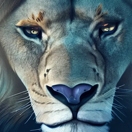 Prompt: A close up of a lion, fierce, powerful, digital painting, artstation, close up, details, sharp focus, illustration, makoto shinkai and beeple