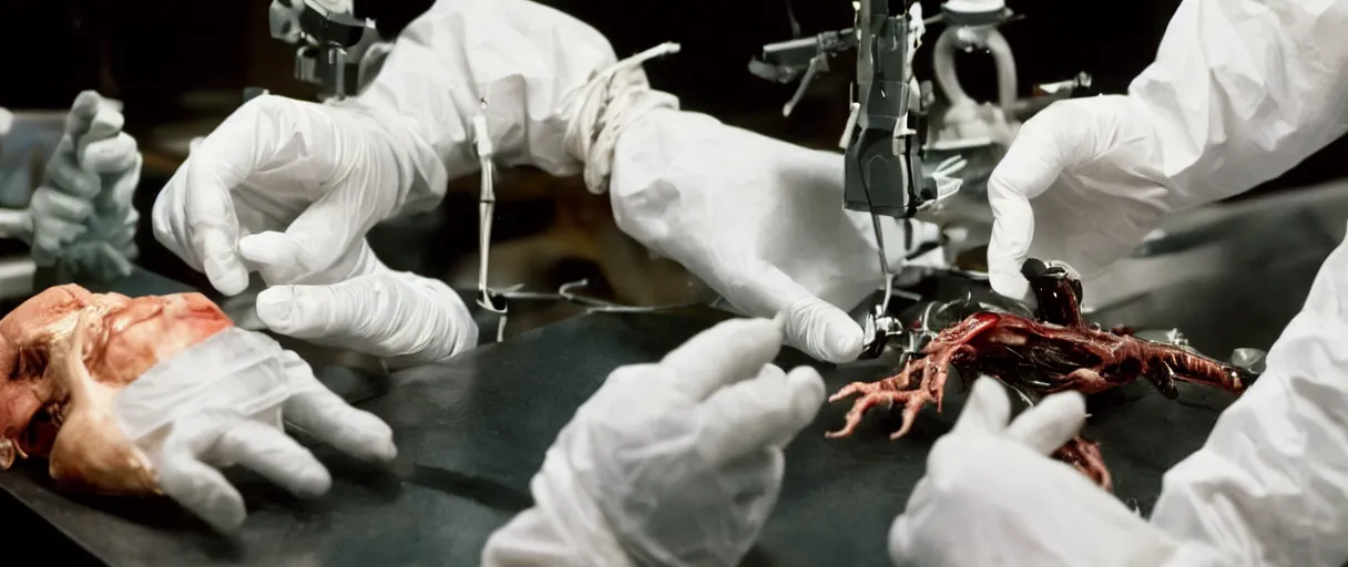 Prompt: filmic dutch angle extreme closeup movie still 4 k uhd 3 5 mm film color photograph of hands wearing surgical gloves dissecting a deceased mysterious grotesque alien specimen in a lab