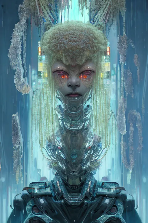 Image similar to asura from chinese myth, ghost, gorgeous and huge head ornaments, dystopian, cyberpunk, organic fractal mycelum and fungi, mecha, halfturn portrait of a big crystal face made of crystals half - turn, ominous, intricate, studio, art by anthony macbain + greg rutkowski + alphonse mucha, concept art, 4 k, sharp focus