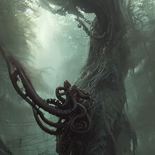 Prompt: epic hyperdetailed portrait of 🐙🕷 lurking in the shadows. by greg rutkowski, highly detailed portrait, rococo, digital painting, artstation, concept art, smooth, sharp foccus ilustration, artstation hq. intricate, elegant. art by wlop and artgerm and greg rutkowski and alphonse mucha, masterpiece. misty rainforest