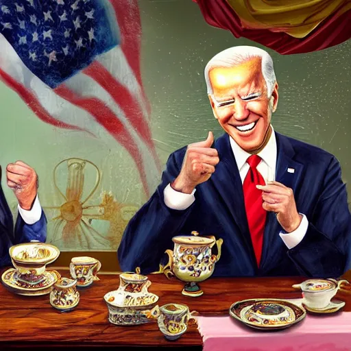 Image similar to a painting of joe biden laugh in tea party with osama bin laden, justify content center, hyper realistic content, frontal hyperdetailed realistic content, sharp focus, intricate, baroque, delete duplicate content