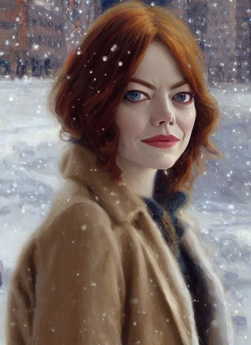 Image similar to emma stone in beige coat, close up portrait, winter new york, snow, artwork by gaston bussiere, craig mullins, trending on artstation