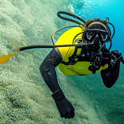 Prompt: a scuba diver swimming in a small plastic pool