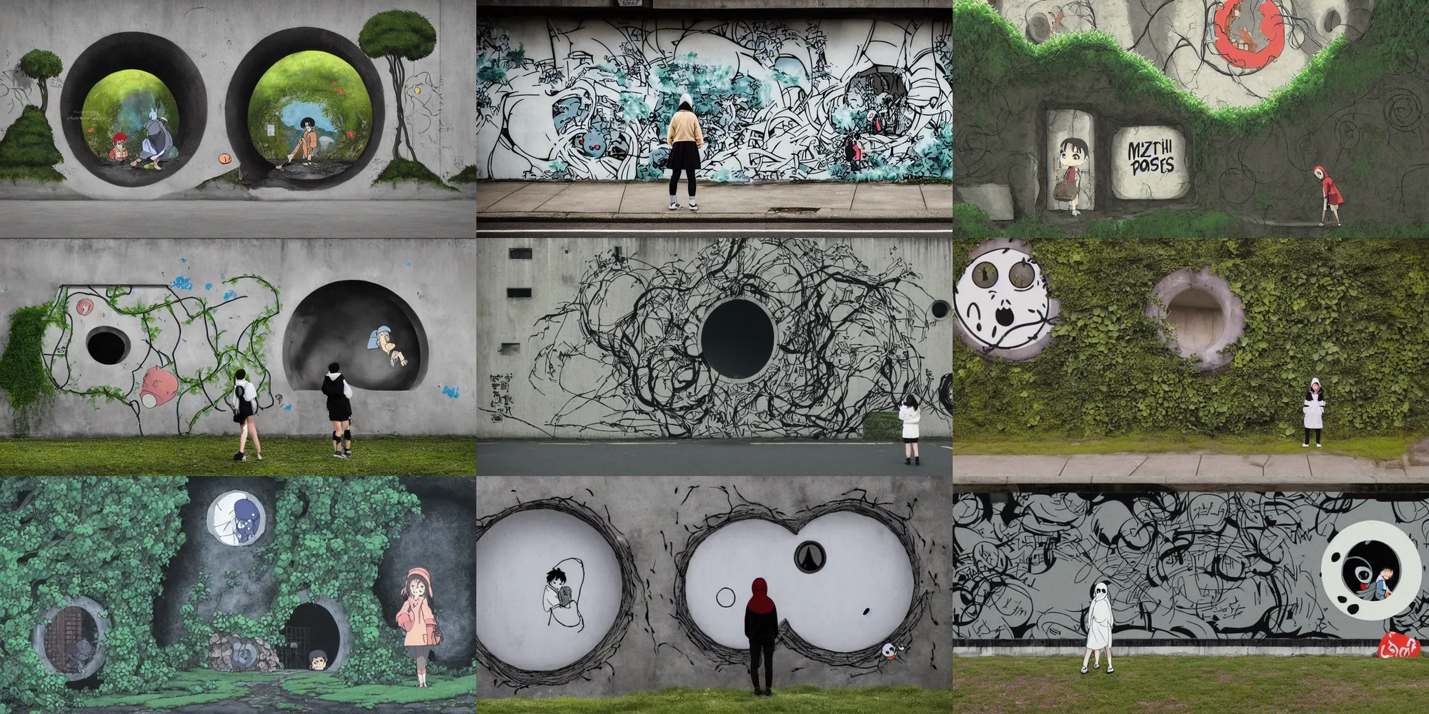 Prompt: ghibli miyazaki movie scene, focal point, foreground, midground, ultra wide, brutalist, white hoodie girl outside a large hole in the side of a concrete wall, huge black circle, huge black round hole, black depths, posters, notices, graffiti, stickers, banners, police do not cross tape, junk, moss, vines, spiderwebs