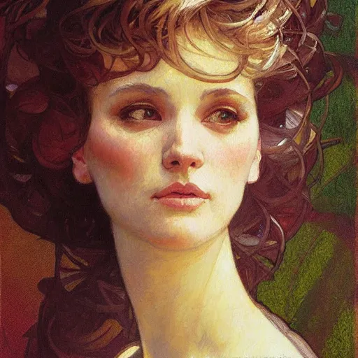 Prompt: intricately detailed portrait of a beautiful woman by gil elvgen, greg manchess, mucha, thomas kinkaide