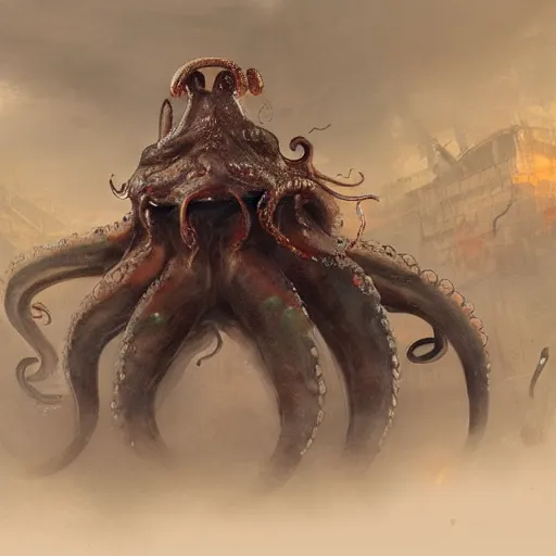 Prompt: ted cruz morphing into a slimy octopus monster and destroying a city, greg rutkowski, trending on artstation,