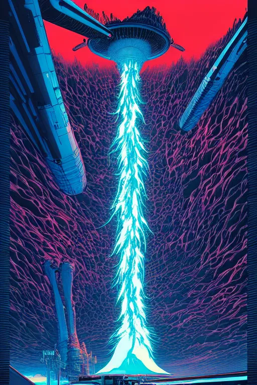 Prompt: artwork by kilian eng and toshi yoshida and franklin booth showing a futuristic powerstation!! in front of a ( ( erupting volcano ) ), vintage scifi, high details, dramatic lightning,, 8 k