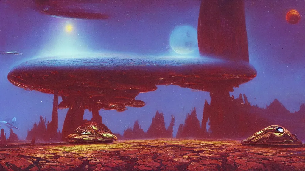 Prompt: spaceship landing on a strange eerie alien planet by Paul Lehr and Bruce Pennington